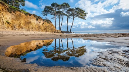 Aufkleber - Clifftop trees majestically reflected in a tranquil water pool on a sandy beach under a picturesque cloudy sky
