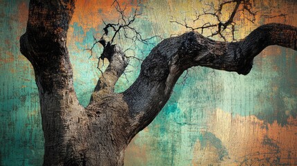 Poster - Textured tree trunk silhouettes emerging from a vibrant forest backdrop showcasing natural beauty and organic patterns