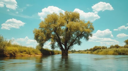 Aufkleber - Tranquil river landscape featuring lush trees and soft blue sky with clouds reflecting serene nature and environmental beauty.