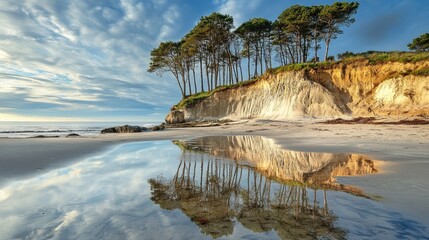 Poster - Clifftop Trees Reflecting in Tranquil Pool at Sandy Beach Under Dramatic Sky