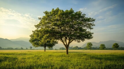Poster - Lush green trees standing majestically in a serene landscape under a bright sky with distant mountains and expansive grassy fields.