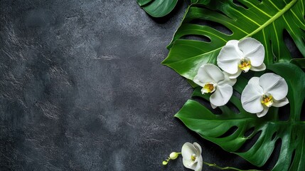 Aufkleber - Tropical monstera leaves and elegant white orchid flowers on textured black concrete backdrop for exotic decor and design themes