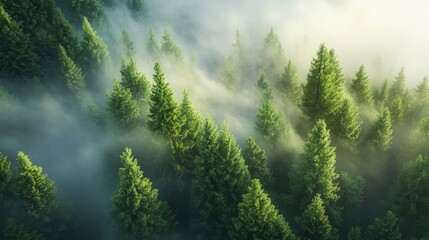 Aufkleber - Lush evergreen trees emerging from ethereal mist in a serene morning forest landscape creating a tranquil and mystical atmosphere