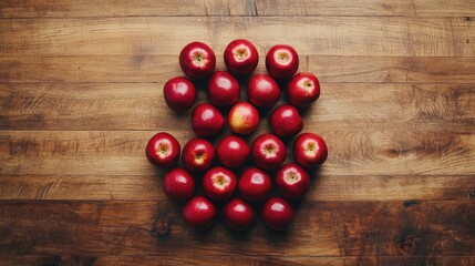 Poster - Triangle arrangement of fresh red apples on a rustic wooden surface showcasing natural textures and vibrant colors