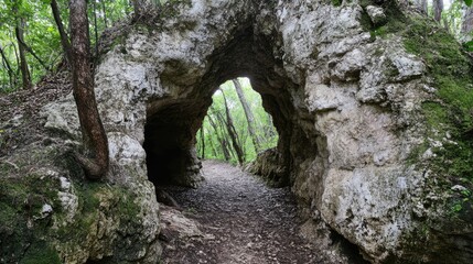 Leinwandbilder - Natural stone archway tunnel surrounded by lush green trees inviting exploration along a scenic walking path in a tranquil forest setting.