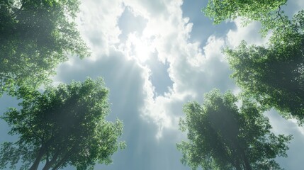 Aufkleber - Lush green trees reaching towards a bright cloudy sky with sun rays illuminating the serene natural landscape from below.
