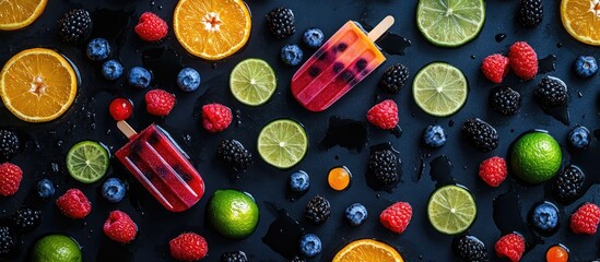Aufkleber - Homemade fruit popsicles with vibrant berries and citrus on a dark surface overhead view refreshing summer treat close up