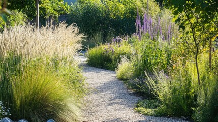 Aufkleber - Vibrant garden pathway surrounded by lush Triticum and diverse plants showcasing nature's beauty and biodiversity in a tranquil setting