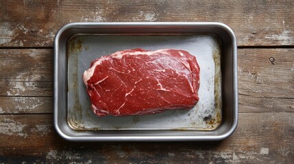 Poster - Raw tri-tip beef steak in stainless steel tray on rustic wooden background top view prime quality meat for grilling and culinary use