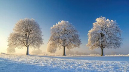 Poster - Winter landscape with frosted trees under a blue sky creating a serene and tranquil atmosphere in nature during the snowy season