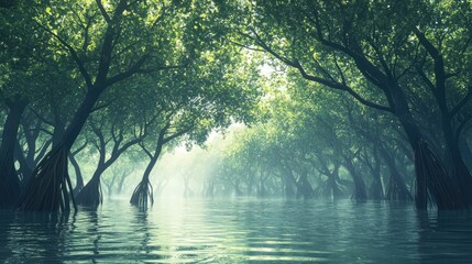 Aufkleber - Lush mangrove forest with vibrant tree branches reflected in tranquil freshwater river under soft sunlight