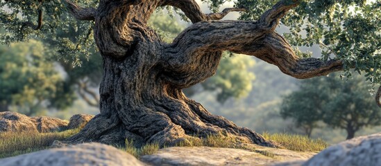 Poster - Ancient oak tree trunk with textured bark and surrounding lush greenery in a peaceful natural setting.