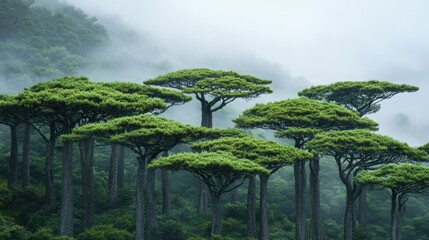 Poster - Cypress trees in misty cloud forest showcasing natural beauty and biodiversity in a protected reserve environment