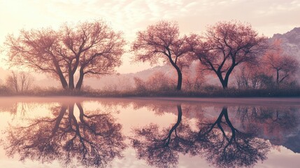 Poster - Serene sunrise with trees reflecting on calm lake surface creating a tranquil natural landscape atmosphere