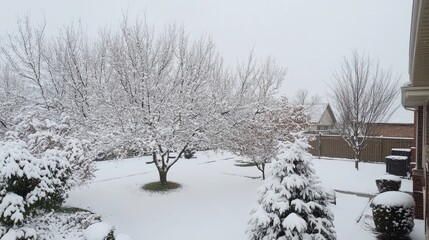 Poster - Snow-covered trees in a picturesque backyard landscape creating a serene winter wonderland scene with white snow blankets and cloudy sky.