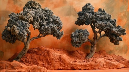 Poster - Stylized trees set against a textured clay landscape in earthy tones showcasing artistic representation of nature.