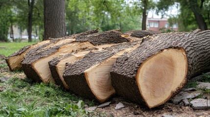 Poster - Felled trees displaying fresh cut surfaces in a peaceful forest setting showcasing the impact of tree removal on the environment