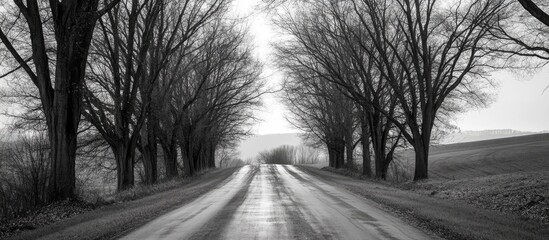 Poster - Serene black and white landscape of a tree-lined road creating a tranquil atmosphere in the countryside during winter season