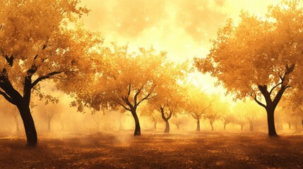 Poster - Golden autumn landscape with vibrant yellow trees under a soft misty sky inviting tranquility and warmth in nature's seasonal beauty.