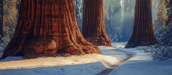 Poster - Majestic giant sequoias in a serene winter landscape within a national park showcasing snow-covered ground and soft sunlight filtering through.