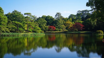 Poster - Tranquil lake surrounded by vibrant trees and shrubs reflecting in calm water under clear blue skies