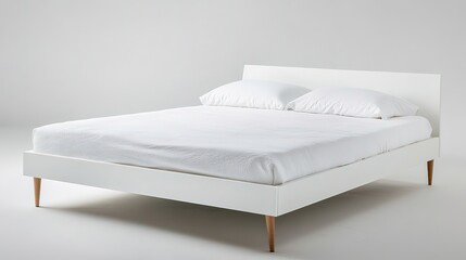 Wall Mural - Minimalist white bed design with clean lines and wooden legs, in