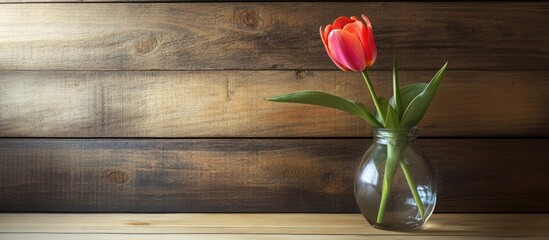 Poster - Tulip in a vase on wooden background with natural light and space for text creating a serene and elegant atmosphere for floral design themes