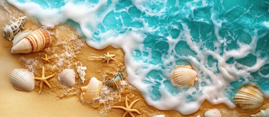 Poster - Turquoise Waves Caressing Golden Sands with Seashells and Starfish on a Serene Beach Scene