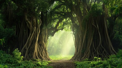 Aufkleber - Majestic trees forming a natural archway in a sunlit forest with vibrant greenery and gentle light filtering through the foliage.