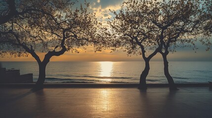 Poster - Serene late afternoon scene of trees silhouetted against a tranquil ocean sunset creating a peaceful atmosphere.