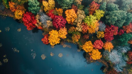Aufkleber - Aerial view of vibrant autumn trees with red yellow and green leaves surrounding a tranquil river landscape in a colorful seasonal display