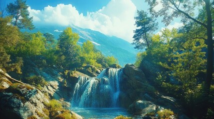 Aufkleber - Serene waterfall cascading through lush greenery surrounded by mountains and a clear blue sky in a tranquil forest landscape