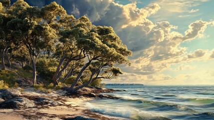 Aufkleber - Serene shoreline with trees under a dramatic sky reflecting natural beauty at Bay's edge