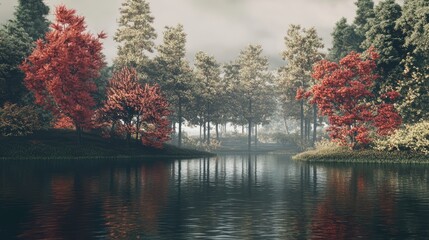 Poster - Serene Autumn Landscape with Colorful Trees and Reflective Lake Surface Amidst Misty Atmosphere