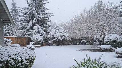 Aufkleber - Snow-Covered Backyard With Trees and Landscape in Winter Wonderland Setting