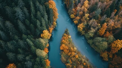 Poster - Autumn Landscape Aerial View of Colorful Trees Alongside a Meandering River in a Forested Area