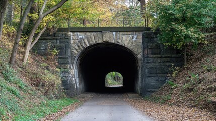 Aufkleber - Mysterious stone tunnel surrounded by autumn foliage leading into a shadowy passageway in a serene landscape