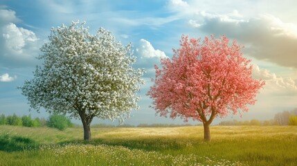 Poster - Blossoming trees in vibrant spring and summer fields under a bright blue sky and fluffy white clouds.