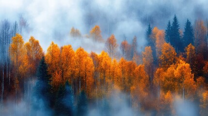 Aufkleber - Autumn forest with vibrant orange trees shrouded in ethereal fog creating a mystical and serene atmosphere in nature