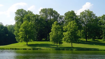 Poster - Lush green trees lining a serene river bank under a clear blue sky creating a tranquil natural landscape scene