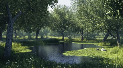 Poster - Serene landscape with trees reflecting in calm pond surrounded by lush greenery and wild grasses in tranquil natural setting
