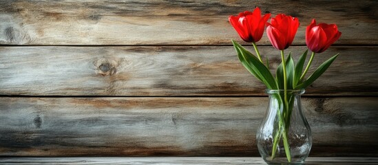Poster - Red tulips in a clear vase on a rustic wooden background with ample space for text or design elements for creative projects.