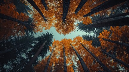 Aufkleber - Autumn foliage in an alpine forest capturing the vibrant colors of trees against a serene sky from a unique upward perspective