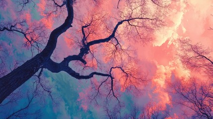 Poster - Majestic tree branches silhouetted against a vibrant, colorful sky at sunset creating a stunning natural backdrop.