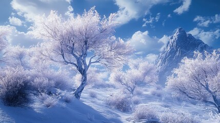 Poster - Hoarfrost and Snow-Covered Trees in Majestic Mountain Landscape Under Blue Sky