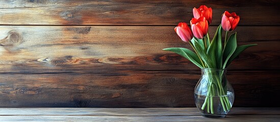 Poster - Vibrant red tulips in a glass vase on rustic wooden background with ample negative space for text or marketing messages