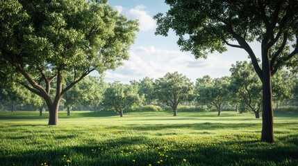 Poster - Lush green trees in a serene countryside landscape under a bright blue sky with fluffy clouds and a vibrant grassy field