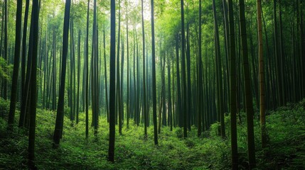 Aufkleber - Lush bamboo forest with tall Asian plantain trees creating a serene and tranquil natural environment under soft sunlight.