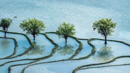 Poster - Lush green trees standing against picturesque rice terraces reflecting shimmering water in a tranquil agricultural landscape.