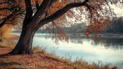 Poster - Autumn trees along a tranquil riverbank reflecting seasonal hues in peaceful natural landscape setting.